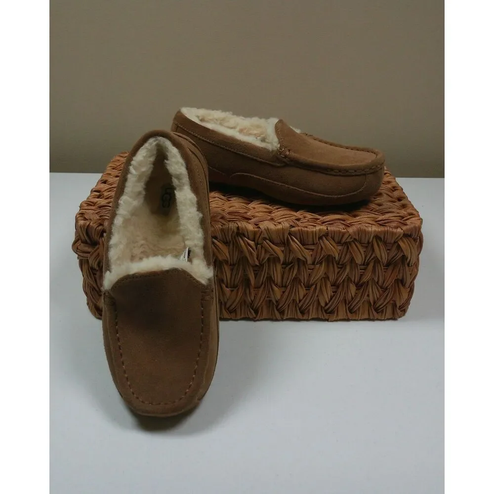 New UGG Ascot Kids Size 3 Chestnut Suede Shearling Lined Loafer Slippers Shoes
